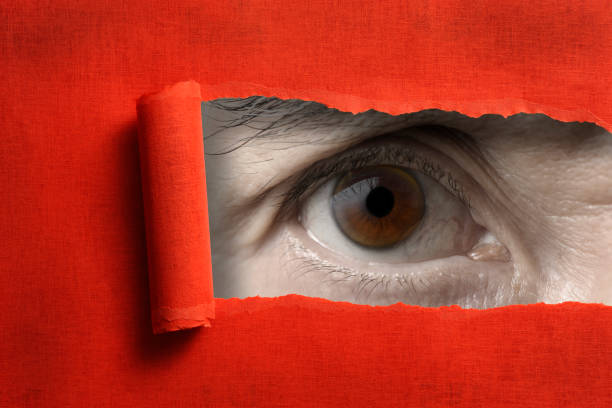 istock Brown eyes looking through from a ripped hole in red paper 985442424