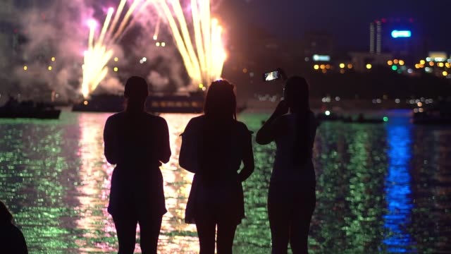 A group of people are happy during the fireworks. slow motion