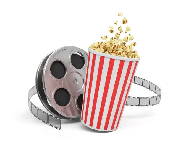 3d rendering of a video reel with video film stretching around a big bucket full of popcorn. Watching movies. Leisure and culture. Video art.