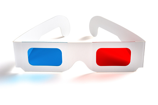 front view of a paper red and blue 3D glasses on white background with clipping path