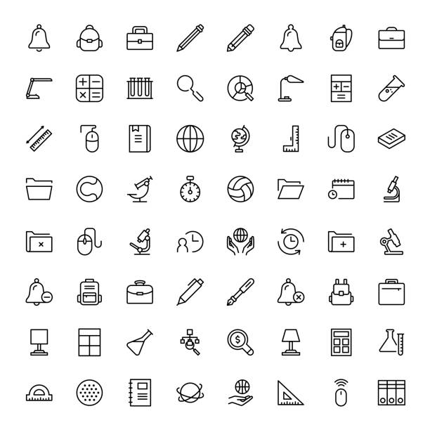 Flat icon set School accessories icon set. Collection of high quality black outline logo for web site design and mobile apps. Vector illustration on a white background. stationery colorful school writing tools accessories pens stock illustrations