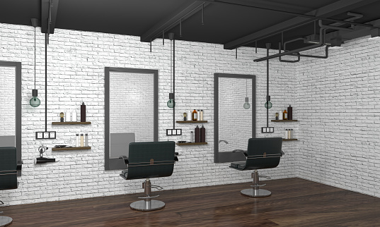 interior modern hair salon 3d illustration empty hairdresser with chairs beauty salon White brick wall