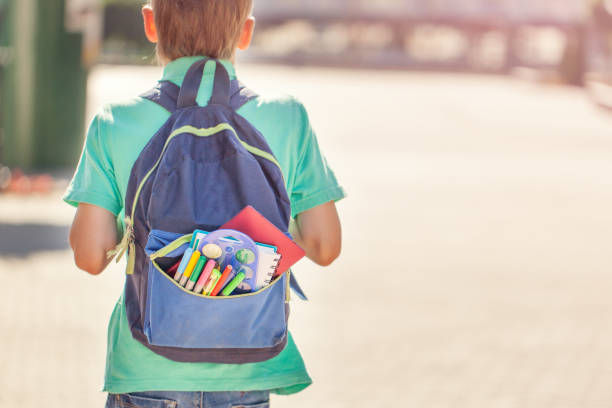 istock Schoolboy with full backpack go to school. Back view 985523996