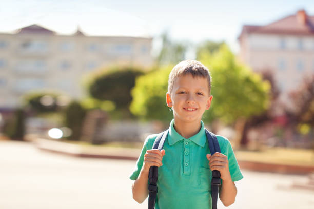 istock Cute child with rucksack go to school. Boy with backpak 985524084
