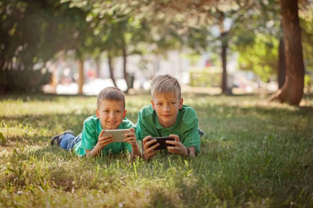 Sibling boy playing game on mobile together lying on grass in park sunny day