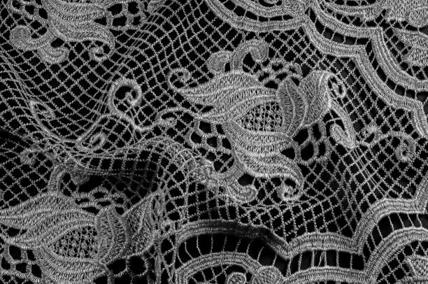 istock texture, pattern. The lace fabric is gray, black and white. Featuring the luxury and flash of the 1920s, take home this French Aqua Gray and a metallic silver striped floral lace with lashes. 985535712