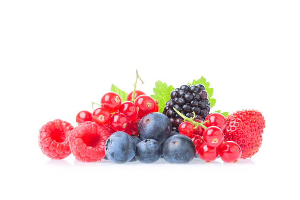 healthy fresh food berries group. macro shot of fresh raspberries, blueberries, blackberries, red currant and blackberry with leaves isolated on white background. - blackberry currant strawberry antioxidant imagens e fotografias de stock