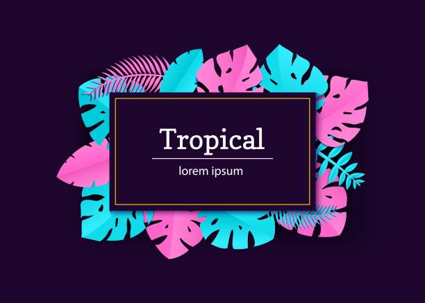 istock Composition with creative pink blue jungle leaves on dark violet background in paper cut style. Tropical leaf gold rectangle frame, template for design poster, banner, flyer T-shirt printing, Vector 985541226