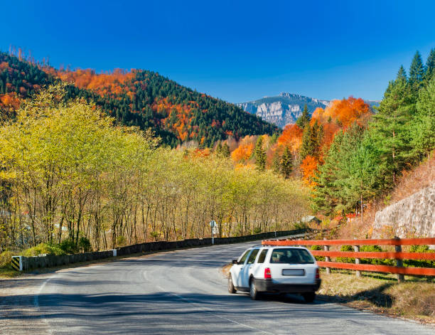 istock car driving in autumn mountain landscape and forest. 985542750