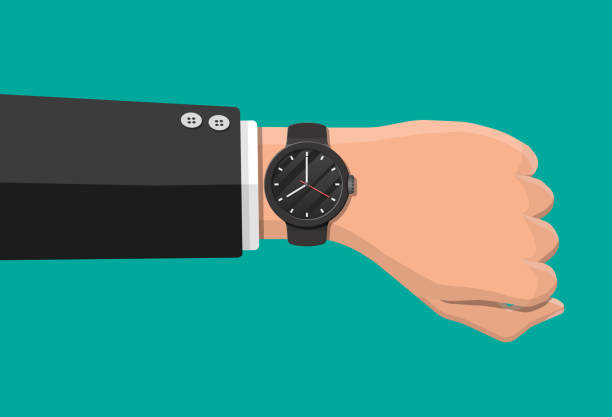 Wristwatch on hand. Man check the time. Wristwatch on hand. Man check the time. Time on wrist watch. Black clock with strap. Vector illustration in flat stile arm span stock illustrations