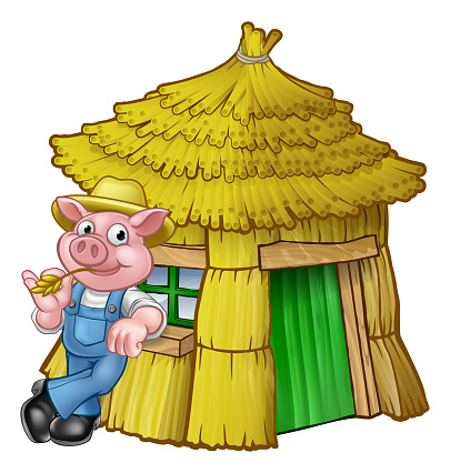 A cartoon illustration from the three little pigs childrens fairy tale, pig character with his straw house.