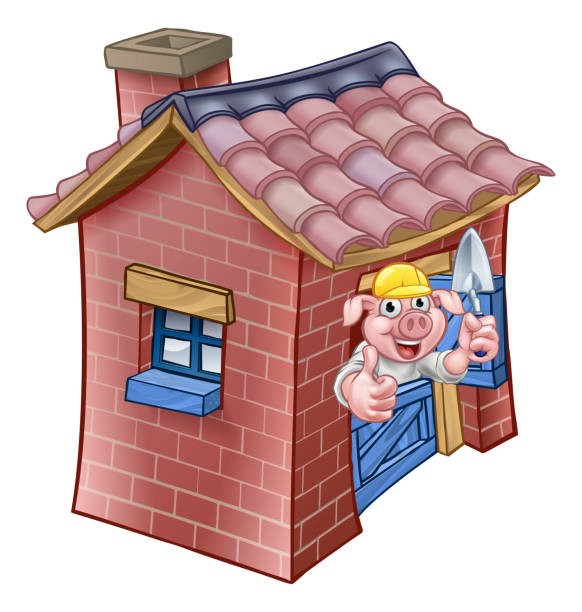 Three Little Pigs Fairy Tale Brick House A cartoon illustration from the three little pigs childrens fairy tale, pig character with his brick house. brick house isolated stock illustrations