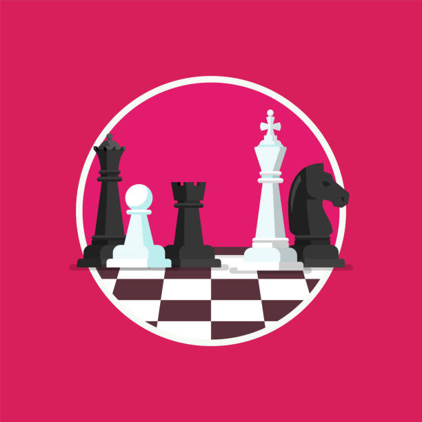 illustrazioni stock, clip art, cartoni animati e icone di tendenza di strategia aziendale con figure di scacchi su scacchiera - strategy chess conflict chess board