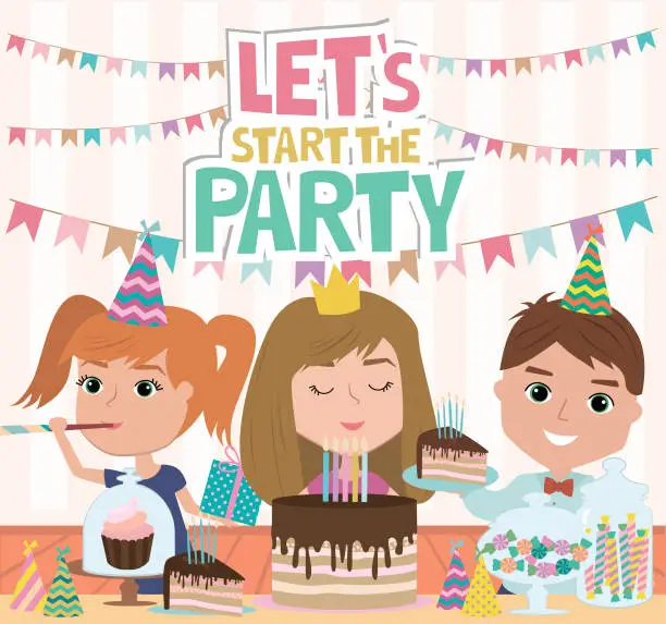 Vector illustration of Kids party poster with fun cartoon characters. Invitation or greeting card for party