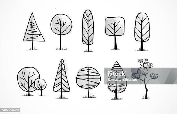 Set Of Doodle Sketch Trees On White Background Stock Illustration - Download Image Now - Tree, Drawing - Art Product, Line Art