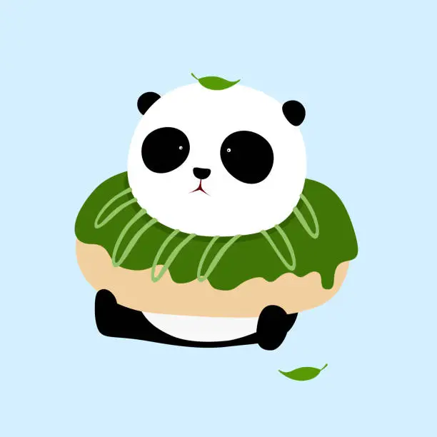 Vector illustration of Vector Illustration: A cute cartoon giant panda is sitting on the ground, with a big matcha / green tea and chocolate flavor doughnut / donut / bagel.