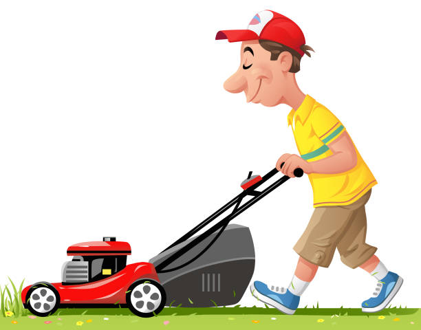 Young Man Mowing Grass Vector illustration of a young man wearing shorts and a cap mowing the lawn, isolated on white. electric motor white background stock illustrations