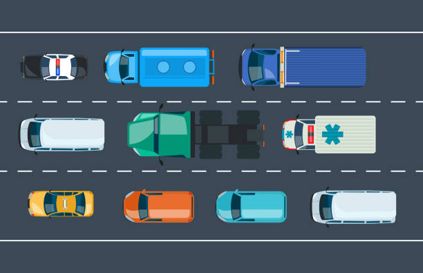 ilustrações de stock, clip art, desenhos animados e ícones de traffic jam. automobile traffic around the city and highway, motorway - road top view