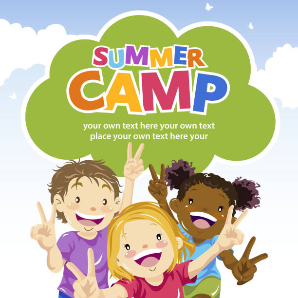 Kids Summer Camp Heading to kids summer camp for meeting new friends and learning new skills sign language class stock illustrations