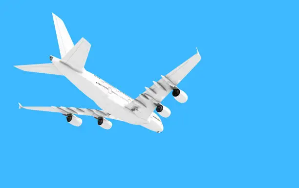 3D illustration airplane of Airbus A380 isolated on blue background. Rear bottom view. Perspective