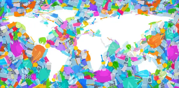 Vector illustration of World Map with plastic waste oceans