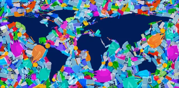 Vector illustration of World Map with plastic waste oceans