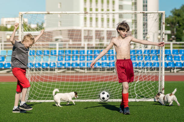 A soccer ball on fresh green grass in front of a soccer goal