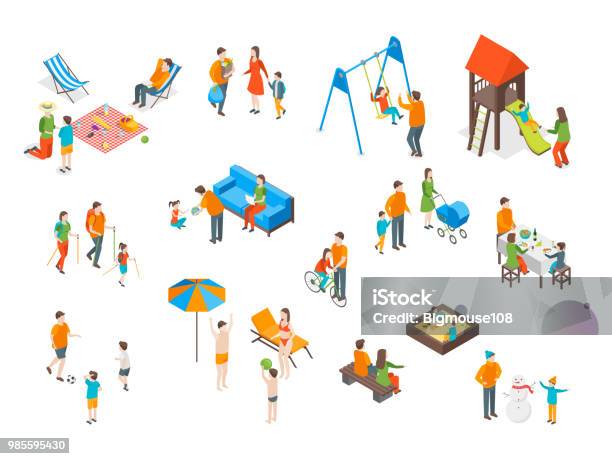 Families Spending Free Time 3d Icons Set Isometric View Vector Stock Illustration - Download Image Now