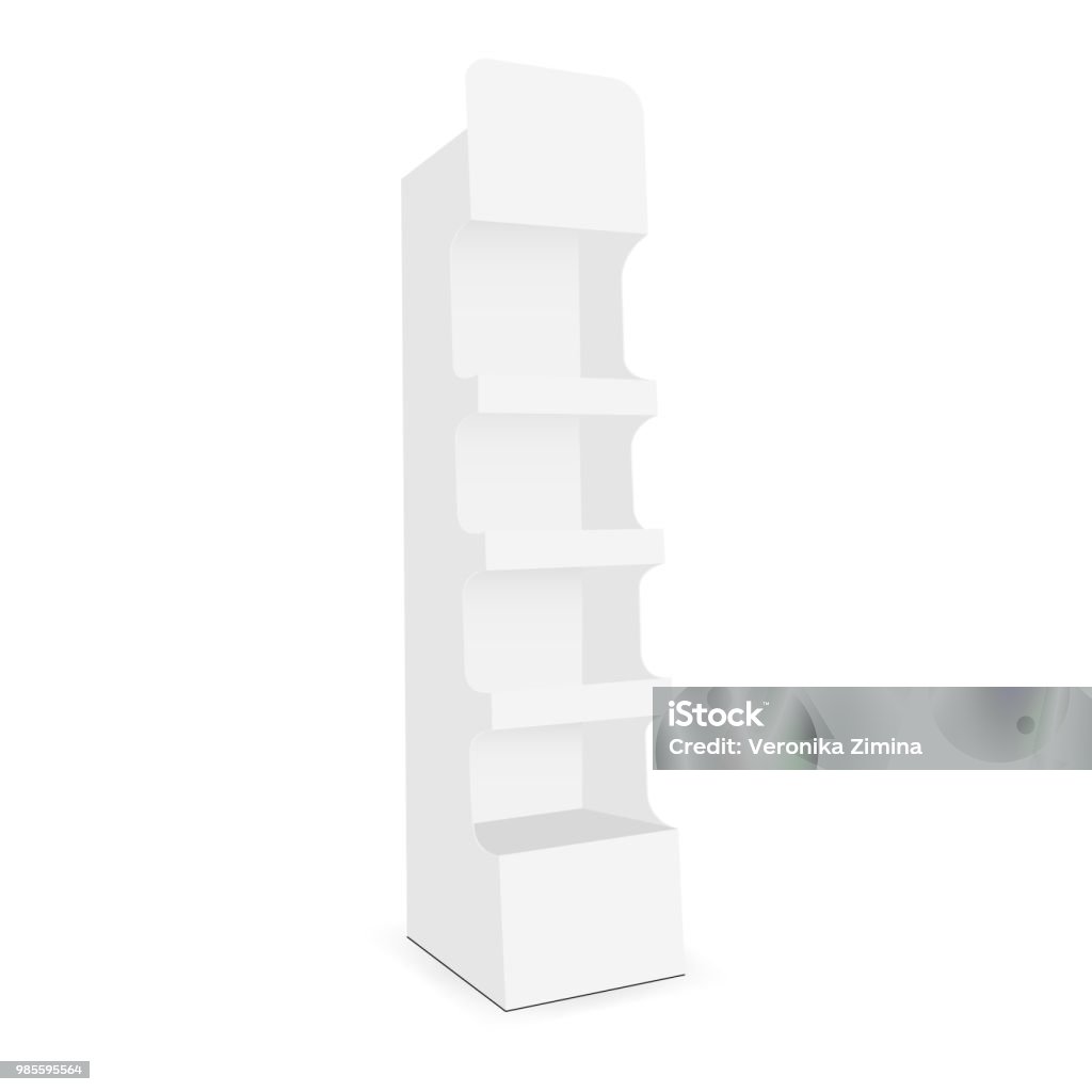 Cardboard display stand with 4 shelf Cardboard display stand with 4 shelf - half side view. Vector illustration Retail Display stock vector