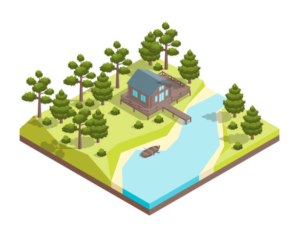 illustrations, cliparts, dessins animés et icônes de maison concept lake forest vue 3d isométrique. vector - farm lake