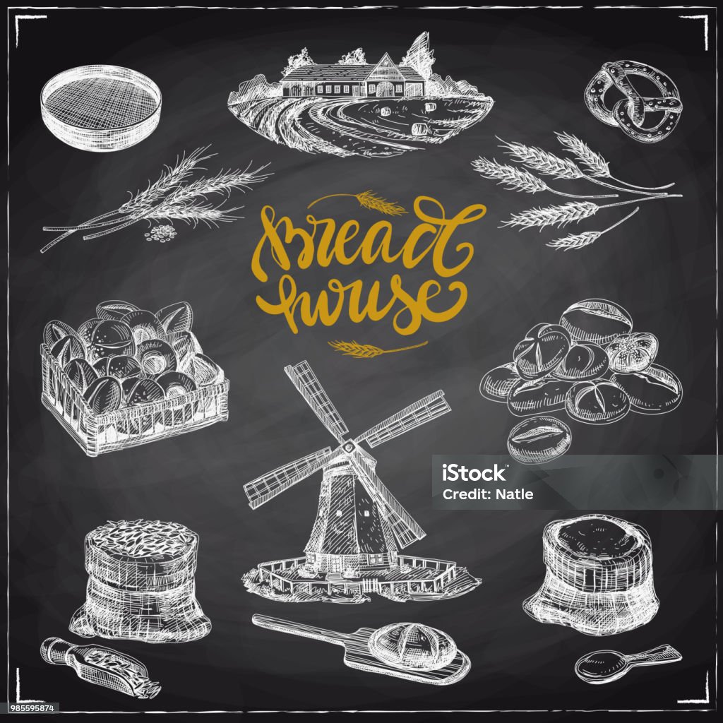 vector hand drawn bakery Illustrations set Beautiful vector hand drawn bakery Illustrations set. Detailed retro style images. Vintage sketches for labels. Elements collection for design. Chalkboard Engraving stock vector