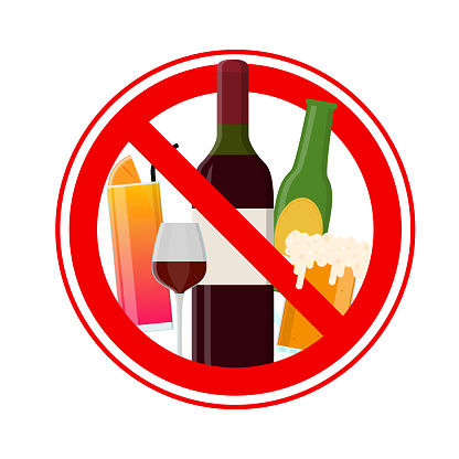 No Alcohol Sign Include of Wine, Beer and Cocktail Drinks Forbidden Warning Concept. Vector illustration of Alcoholic Ban