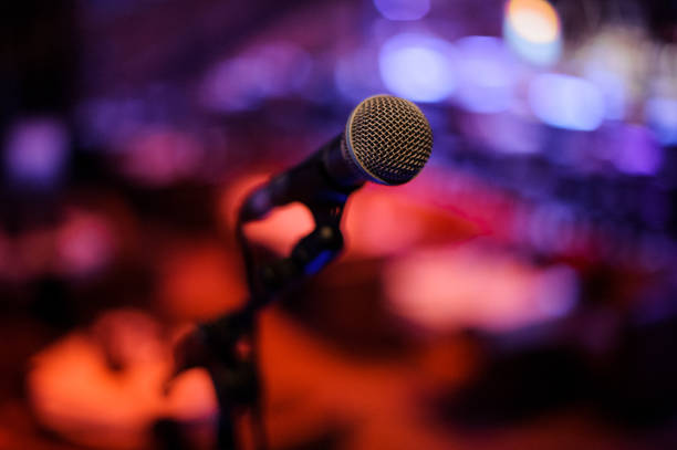 istock Microphone with metal body in holder on the blurred background 985600494