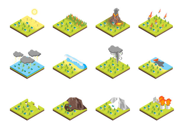 Nature Disaster Concept Set 3d Isometric View. Vector Nature Disaster Concept Set 3d Isometric View Include of Fire, Hurricane, Volcano, Storm, Tornado and Earthquake. Vector illustration accidents and disasters illustrations stock illustrations