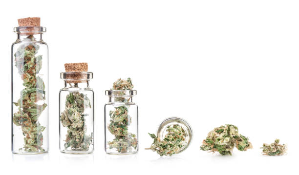 Cтоковое фото Маленькая бутылка с медицинскими почками марихуаны, крупным планом, изолированные на белом фоне. Терапевтический и медицинский каннабис