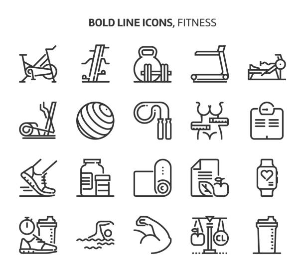 ilustraciones, imágenes clip art, dibujos animados e iconos de stock de fitness, los iconos de la línea. - bicicleta estática