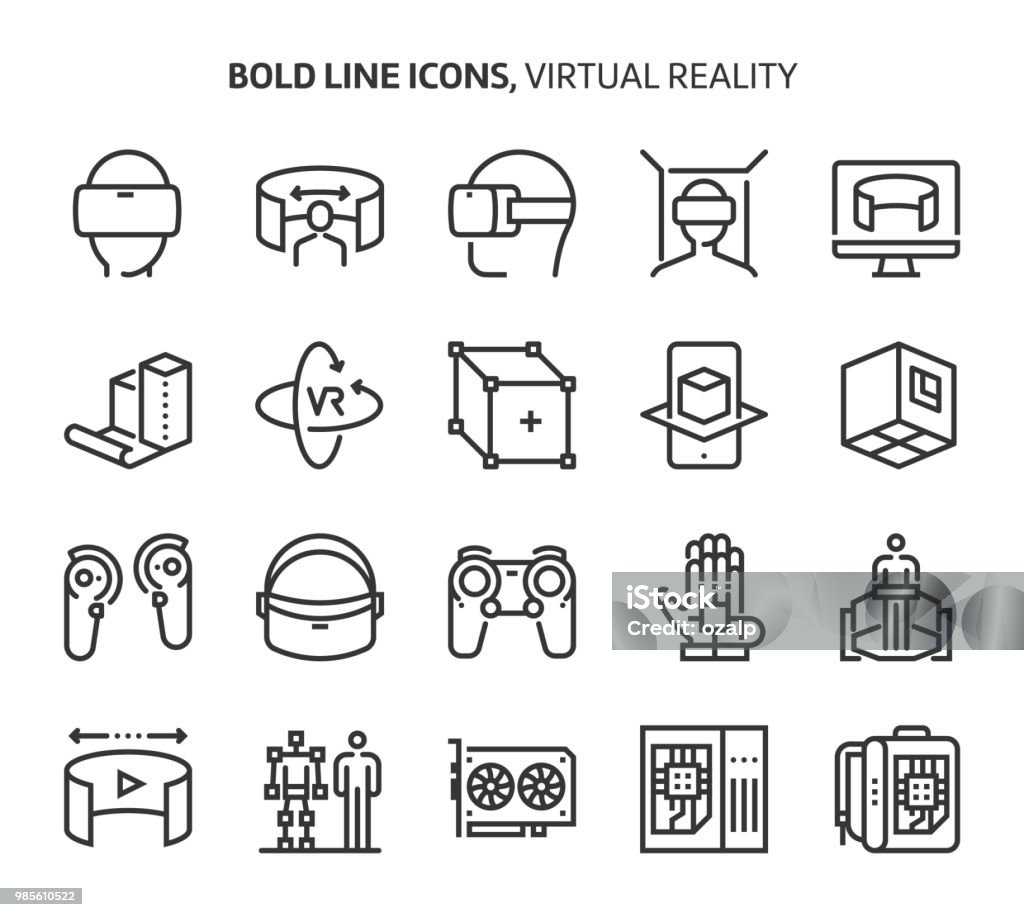 Virtual reality, bold line icons. Virtual reality, bold line icons. The illustrations are a vector, editable stroke, 48x48 pixel perfect files. Crafted with precision and eye for quality. Editable Stroke stock vector