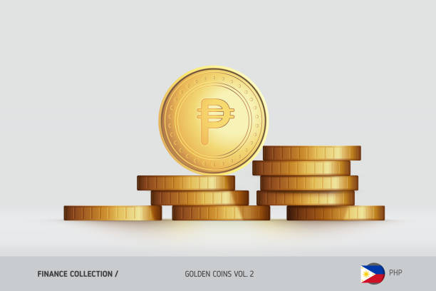 Gold coins. Realistic Philippine Peso coin standing on stacked coins. Finance concept for websites, web design, mobile app, infographics. Stacked coins philippines currency stock illustrations