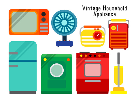 Colorful vintage household appliances are illustrated on white background consist of fan, refrigerator, oven, washing machine, television, hoover, radio, and heater or radiator.