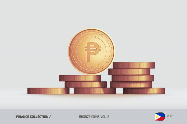 Bronze coins. Realistic Philippine Peso coin standing on stacked coins. Finance concept for websites, web design, mobile app, infographics. Stacked coins philippines currency stock illustrations