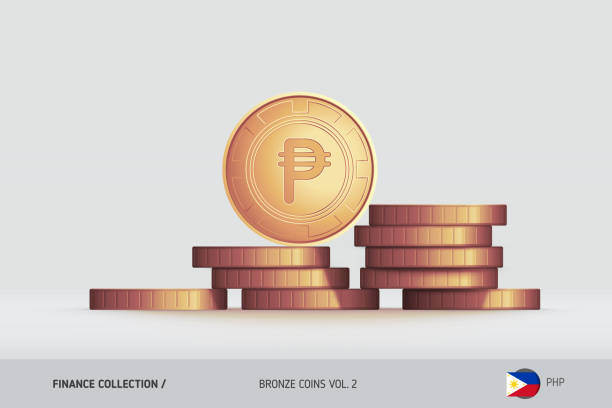 Bronze coins. Realistic Philippine Peso coin standing on stacked coins. Finance concept for websites, web design, mobile app, infographics. Stacked coins philippines currency stock illustrations