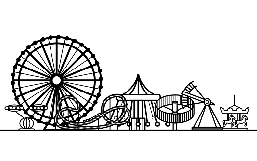 Silhouette Black Amusement Park Attraction Leisure in City Concept Element Web Design Style. Vector illustration