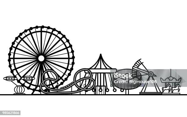 Silhouette Black Amusement Park Vector Stock Illustration - Download Image Now - Traveling Carnival, In Silhouette, Amusement Park