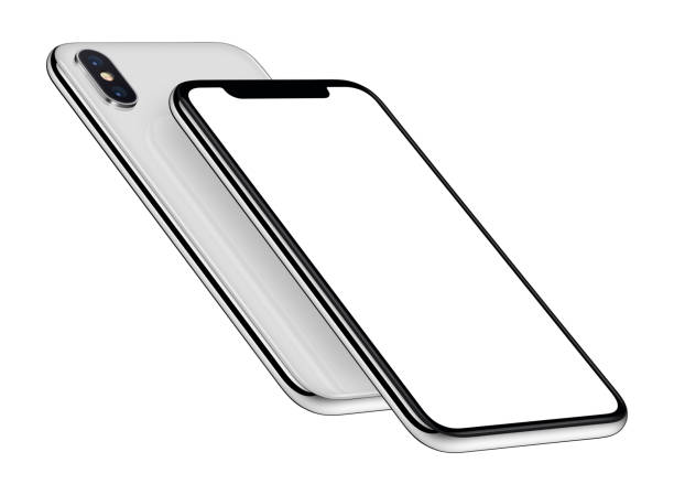 White perspective smartphones mockup front and back sides one above the other