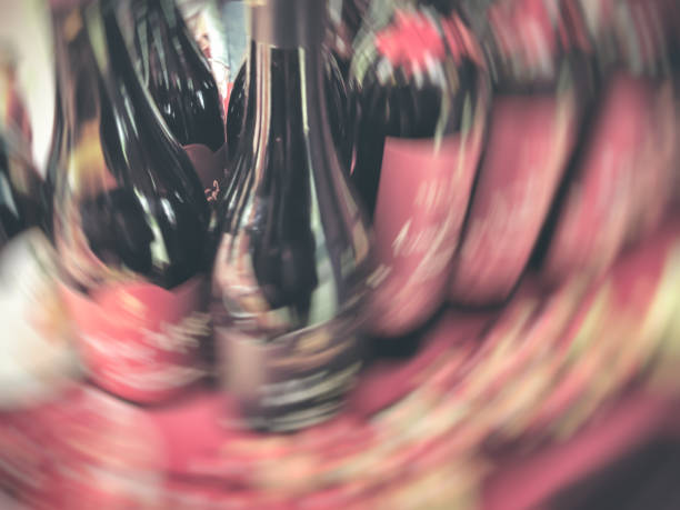 Georgian wine is bottled with labels. Close up shot. Blure effect