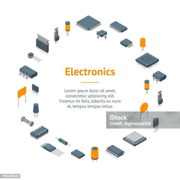 Microchip Computer Electronic Components Banner Card Circle Isometric View Vector Stock Illustration - Download Image Now