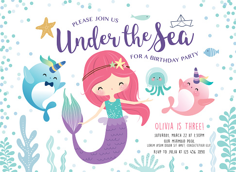 Kids birthday party invitation card with cute little mermaid and marine life
