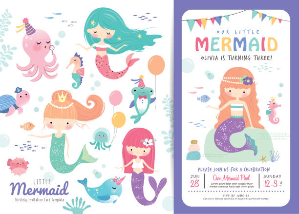 ilustrações, clipart, desenhos animados e ícones de modelo de cartão de convite de festa de aniversário - vector reef coral shark