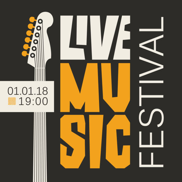 poster for live music festival with guitar Vector poster or banner for live music festival with neck of acoustic guitar in retro style music festival stock illustrations