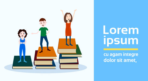 ilustraciones, imágenes clip art, dibujos animados e iconos de stock de carácter de hombre de niña en podio libros pila perdedor ganador éxito concepto plantilla para trabajo de diseño y animación en fondo azul cuerpo entero copia espacio banner plano - looser